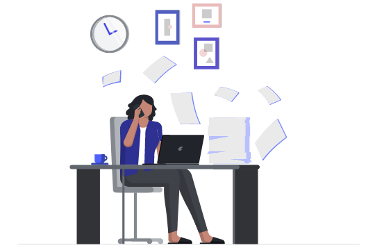 cartoon lady sitting at desk papers flying around her