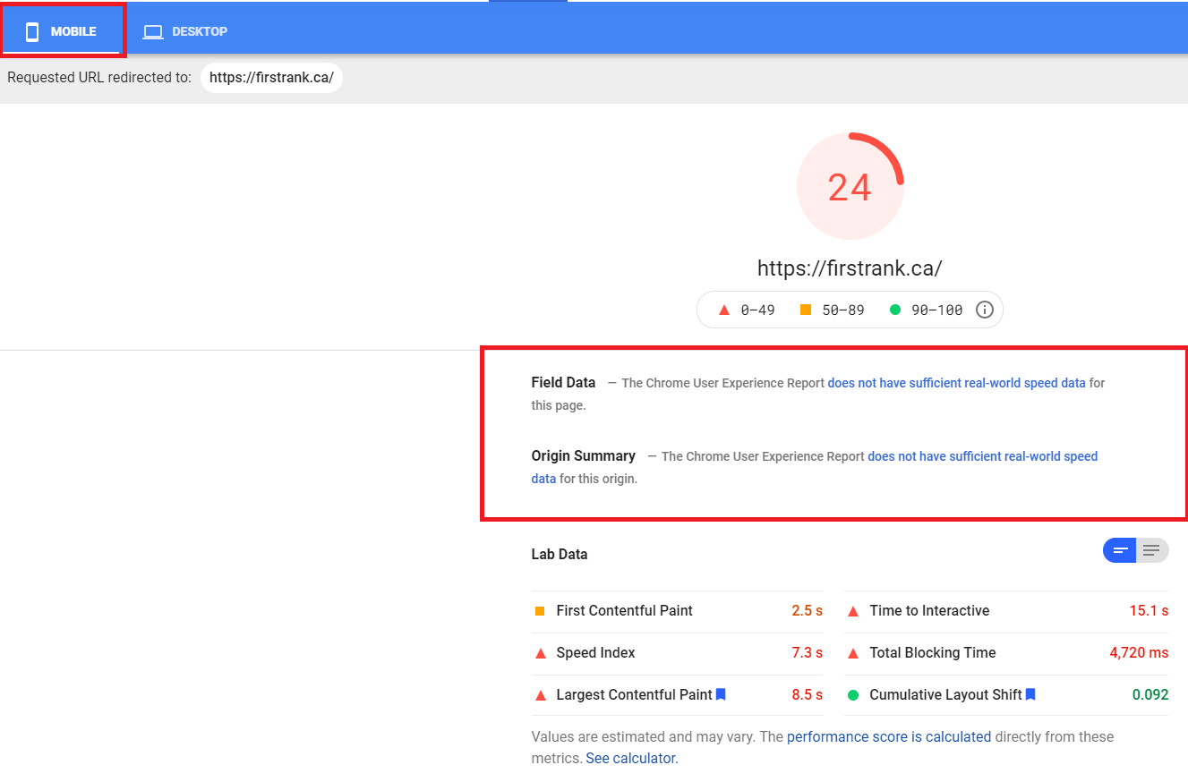 page speed data